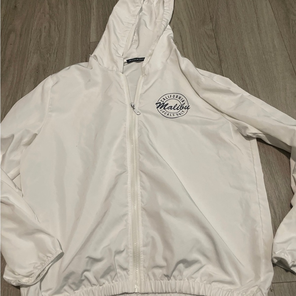 Brandy Melville White Hooded Zip Windbreaker